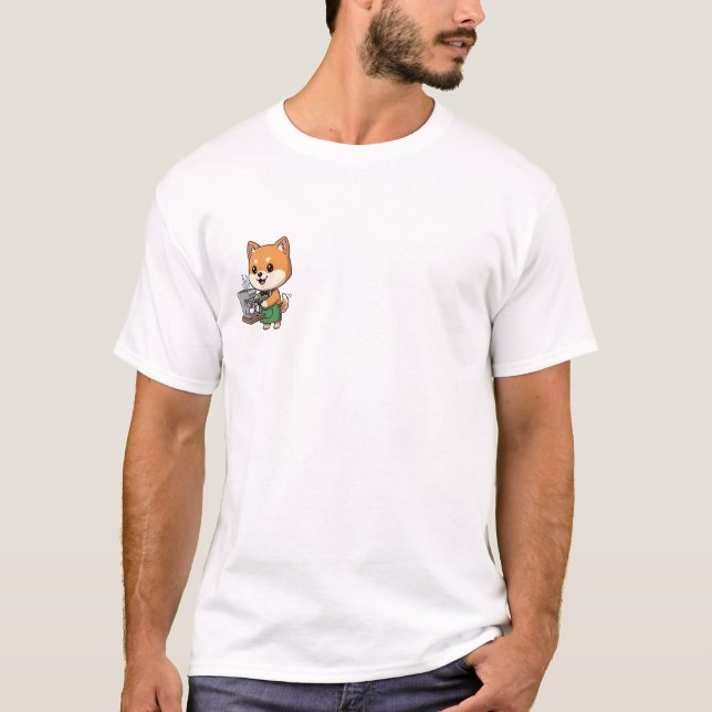 Cute Shiba Inu Dog Barista Making Espresso Cartoon T-Shirt (Front)