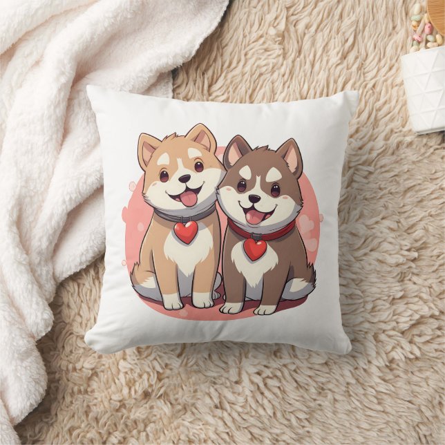 Cute Shiba Inu Dog Couple in Love Throw Pillow (Blanket)
