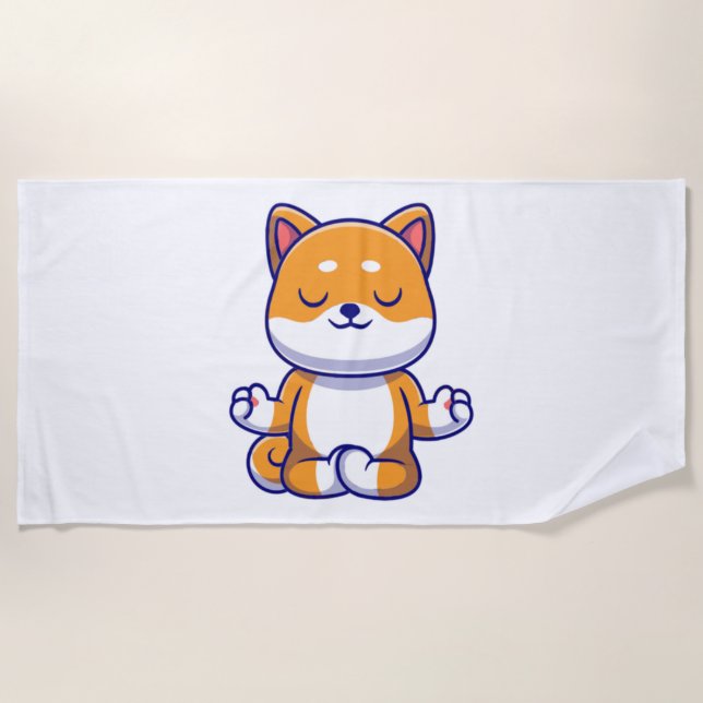 Cute shiba inu dog doing yoga meditation cartoon   beach towel (Front)