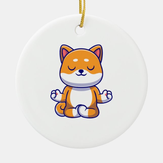 Cute shiba inu dog doing yoga meditation cartoon   ceramic ornament (Front)