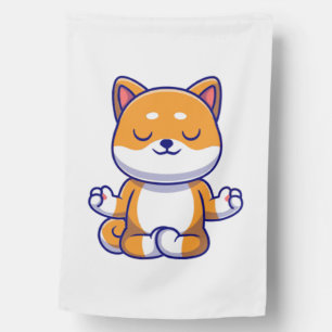 Cute shiba inu dog doing yoga meditation cartoon house flag