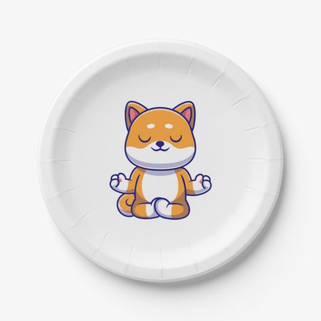 Cute shiba inu dog doing yoga meditation cartoon   paper plates (Front)