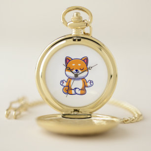 Cute shiba inu dog doing yoga meditation cartoon pocket watch