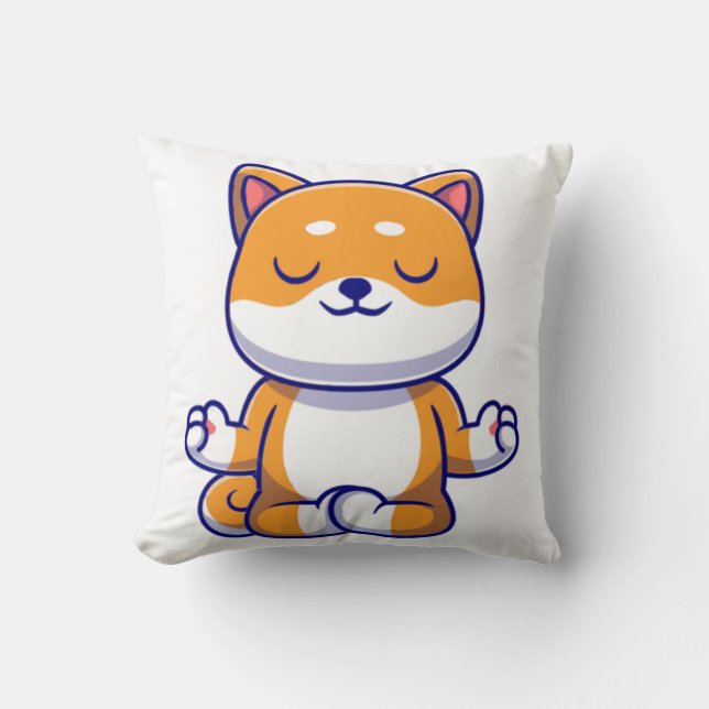 Cute shiba inu dog doing yoga meditation cartoon   throw pillow (Front)