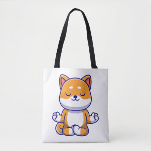 Cute shiba inu dog doing yoga meditation cartoon tote bag