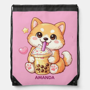 Cute Shiba Inu Dog Drinking Bubble Tea Add Name Drawstring Bag