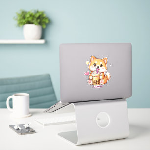 Cute Shiba Inu Dog Drinking Bubble Tea Add Name Sticker