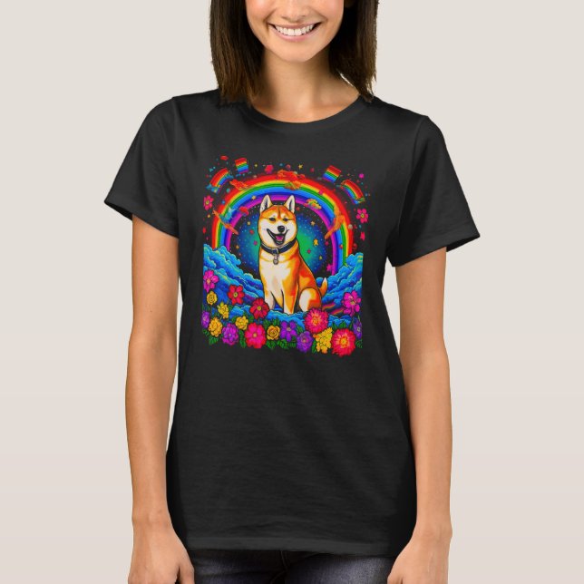Cute Shiba Inu Dog Flower T-Shirt (Front)