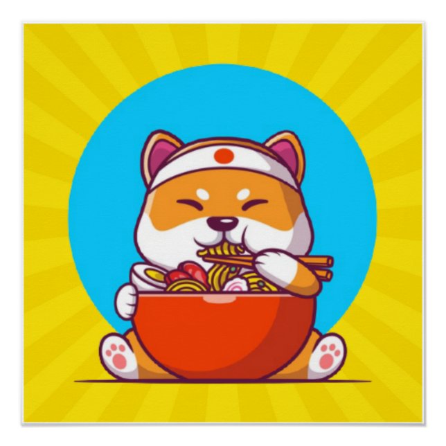 Cute Shiba Inu Eating Ramen Noodle Cartoon-23054 Poster (Front)