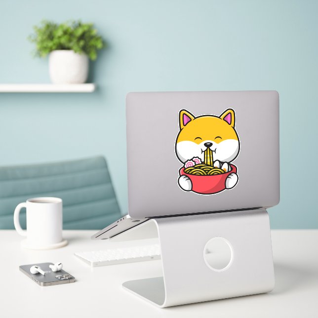 Cute Shiba Inu Eating Ramen Noodle  Sticker (Laptop On Desk)