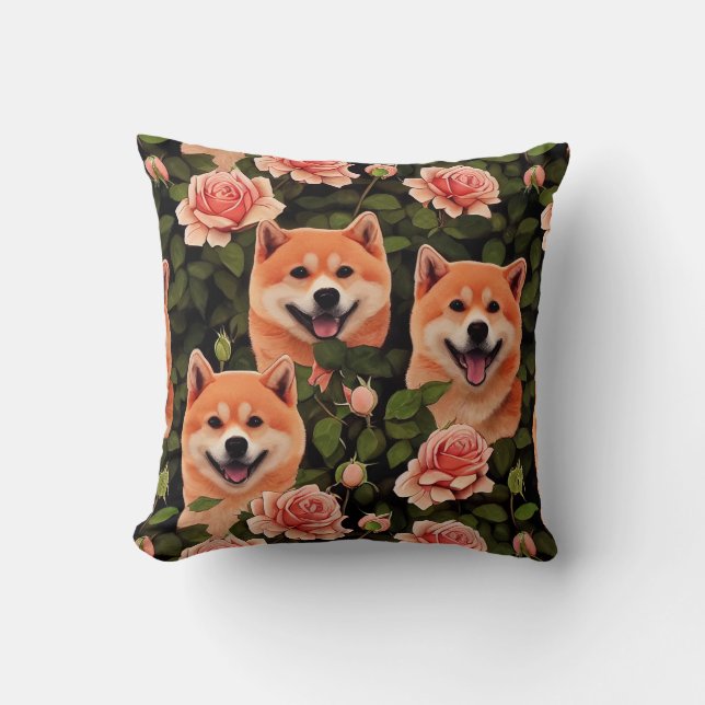 Cute Shiba Inu Enchanted Pink Rose Garden Throw Pillow (Front)