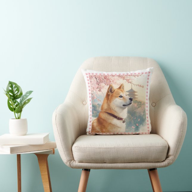 Cute Shiba Inu hand-drawn illustration with cherry Throw Pillow (Chair)