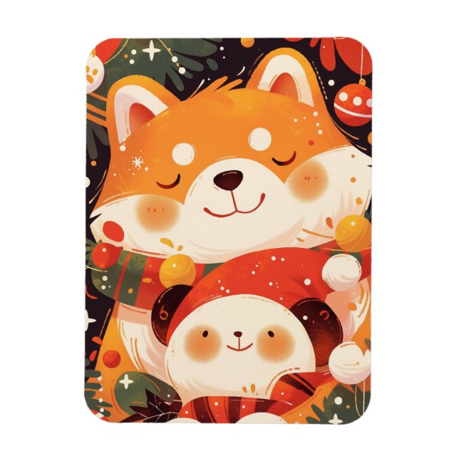 Cute Shiba Inu Hugging Panda Plush Magnet (Vertical)