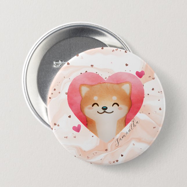 Cute Shiba Inu in a Heart Button (Front & Back)