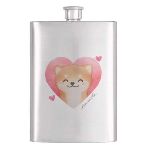 Cute Shiba Inu in a Heart Flask