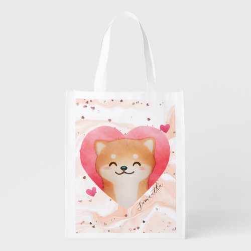 Cute Shiba Inu in a Heart Grocery Bag
