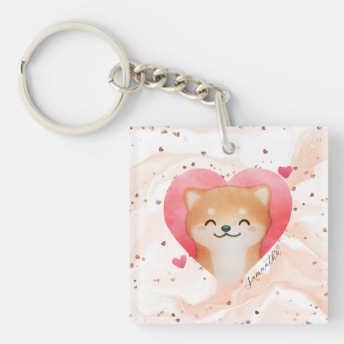 Cute Shiba Inu in a Heart Keychain