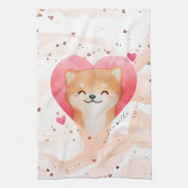 Cute Shiba Inu in a Heart Kitchen Towel (Vertical)