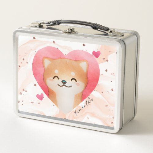 Cute Shiba Inu in a Heart Metal Lunch Box