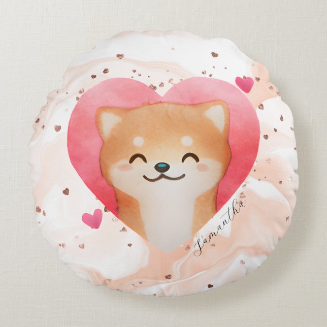 Cute Shiba Inu in a Heart Round Pillow (Front)