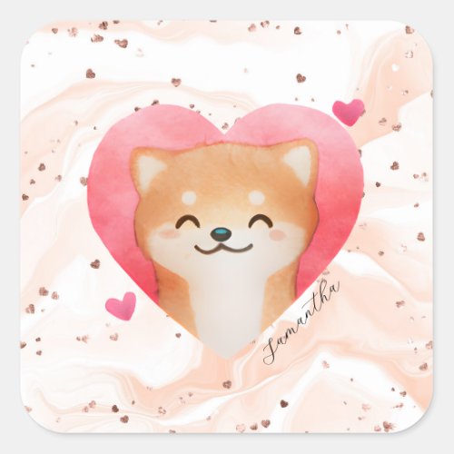 Cute Shiba Inu in a Heart Square Sticker