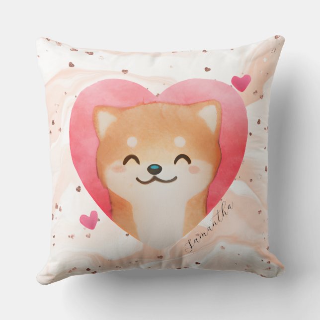 Cute Shiba Inu in a Heart Throw Pillow (Back)