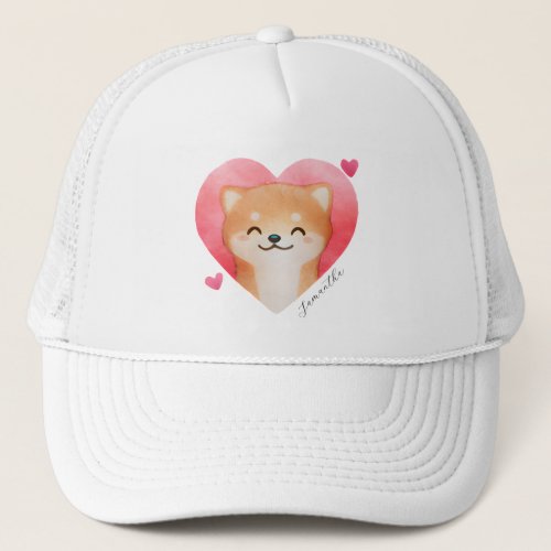 Cute Shiba Inu in a Heart Trucker Hat