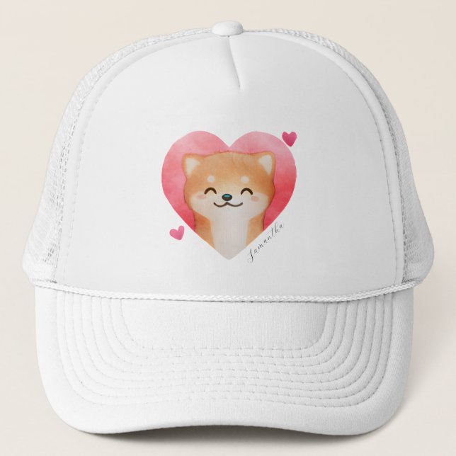 Cute Shiba Inu in a Heart Trucker Hat (Front)
