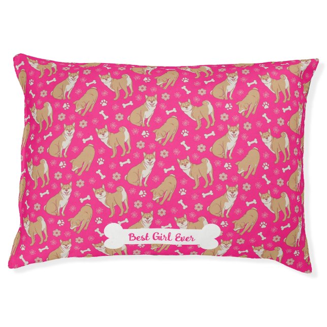 Cute Shiba Inu Paws and Bones Pink Pet Bed (Front)