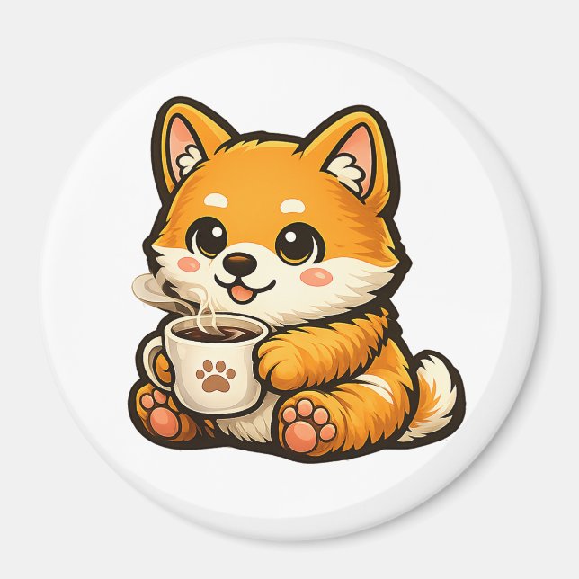 Cute Shiba Inu with Coffee – Cozy Dog Illustration Magnet (Front)