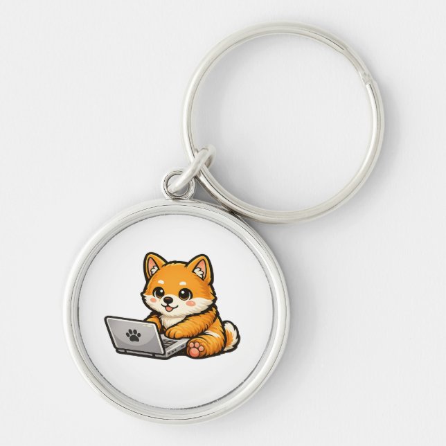 Cute Shiba Inu with Laptop – Cozy Dog Illustration Keychain (Front)