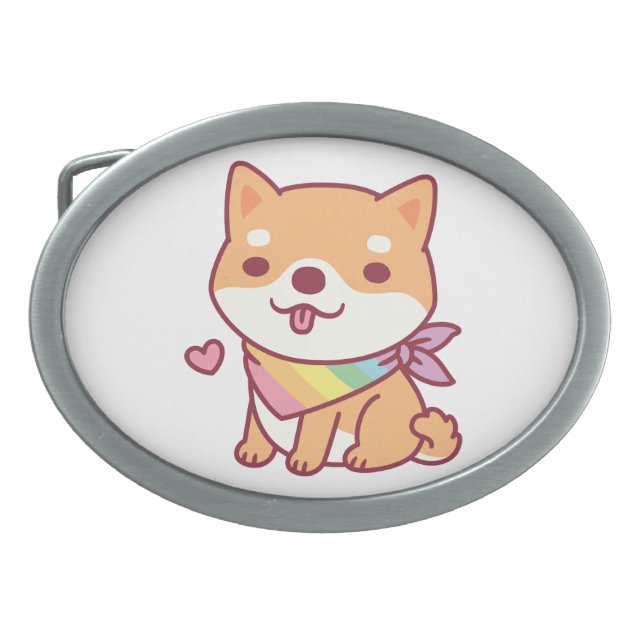 Cute Shiba Inu With Rainbow Pet Bandana Belt Buckle (Front)
