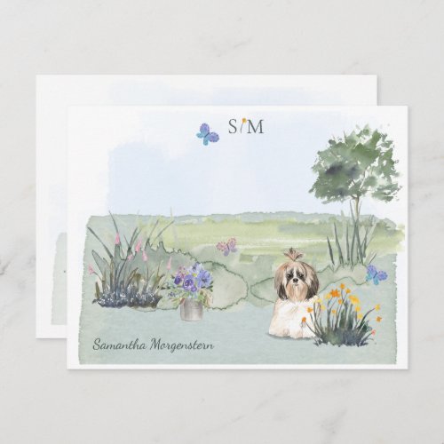 Cute Shih Tsu Butterfly Meadow Monogram  Name    Note Card