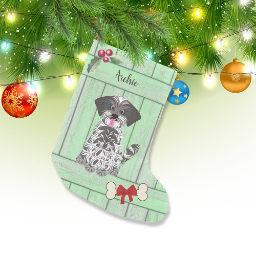 Cute Shih Tzu Boy Green Wood Monogram Small Christmas Stocking