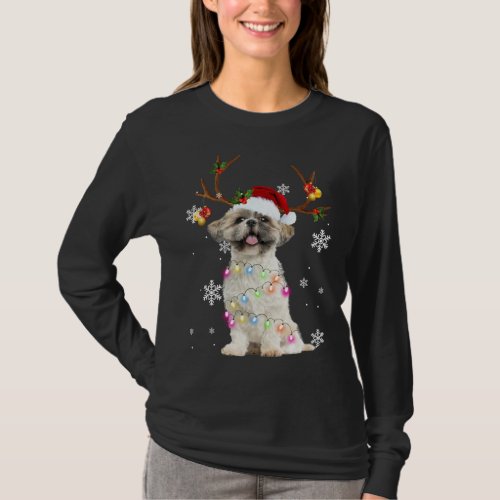 Cute Shih Tzu Christmas Reindeer Christmas Lights  T_Shirt