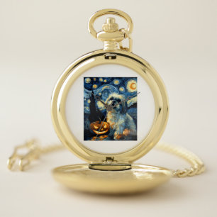 Cute Shih Tzu Dog Halloween Jack O Lantern Pumpkin Pocket Watch