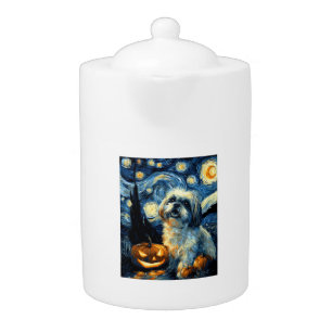 Cute Shih Tzu Dog Halloween Jack O Lantern Pumpkin Teapot
