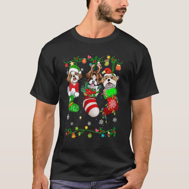 Cute Shih Tzu Dog In Christmas Socks Pet T-Shirt (Front)