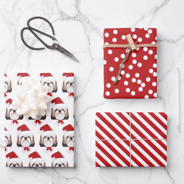 Cute Shih tzu Dog & Red Striped Christmas Wrapping Paper Sheets (Front)