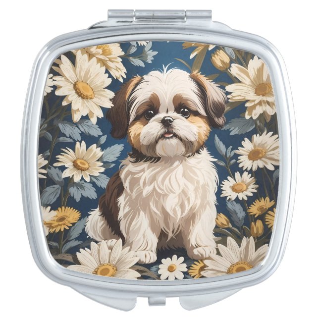 Cute Shih Tzu Dog White Daisy Flowers  Compact Mirror (Front)