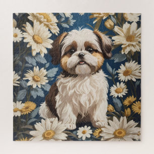 Cute Shih Tzu Dog White Daisy Flowers Jigsaw Puzzle