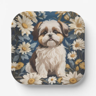Cute Shih Tzu Dog White Daisy Flowers Paper Plates