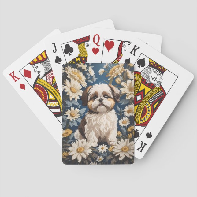 Cute Shih Tzu Dog White Daisy Flowers  Poker Cards (Back)