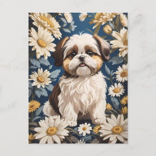 Cute Shih Tzu Dog White Daisy Flowers  Postcard