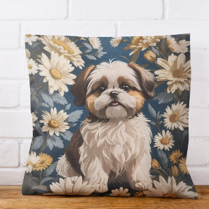 Cute Shih Tzu Dog White Daisy Flowers Throw Pillow
