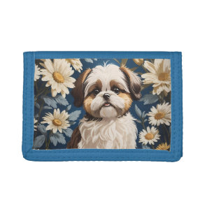 Cute Shih Tzu Dog White Daisy Flowers  Tri-fold Wallet