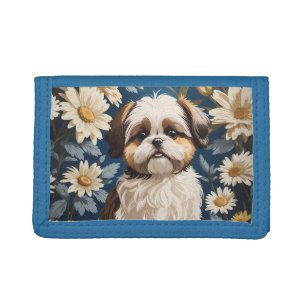 Cute Shih Tzu Dog White Daisy Flowers Tri-fold Wallet