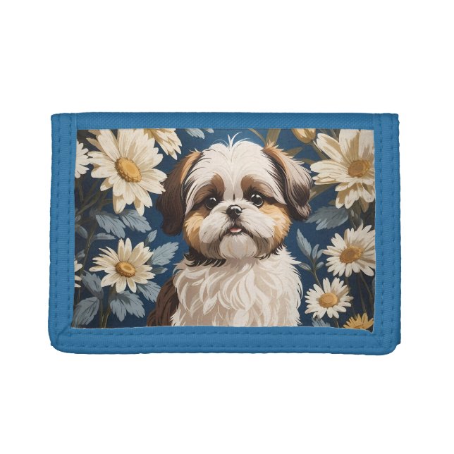 Cute Shih Tzu Dog White Daisy Flowers  Trifold Wallet (Front)
