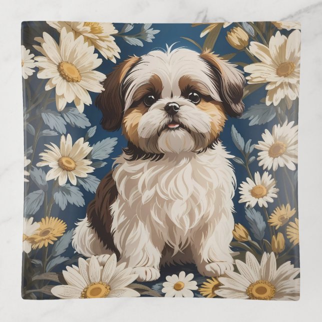Cute Shih Tzu Dog White Daisy Flowers  Trinket Tray (Front)
