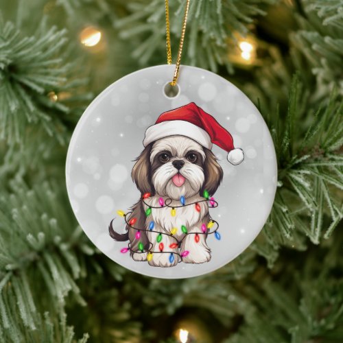 Cute Shih Tzu Dog Wrapped in Christmas Lights  Ceramic Ornament